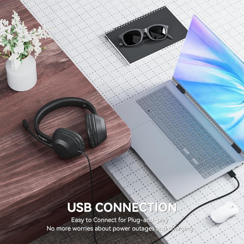 LEVN سماعة رأس مع ميكروفون، سماعة USB مع ميكروفون للكمبيوتر، سماعات مع ميكروفون للكمبيوتر مع ميكروفون لإلغاء الضوضاء للابتوب، سماعات USB للعمل من المنزل/مركز الاتصالات/المكتب المفتوح، سوداء - Image 5